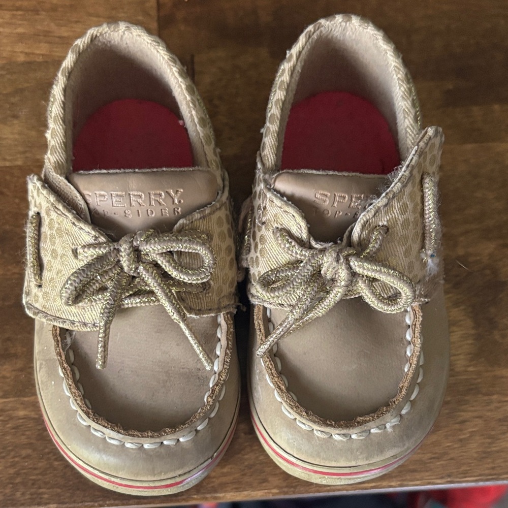Used Sperry Kids Tan Slip-On Moccasins with Red Insole Accents